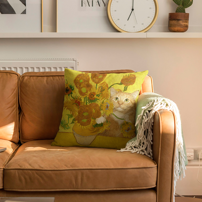趣味名画艺术梵高向日葵橘猫咪客厅沙发抱枕靠垫靠枕靠背卧室枕套