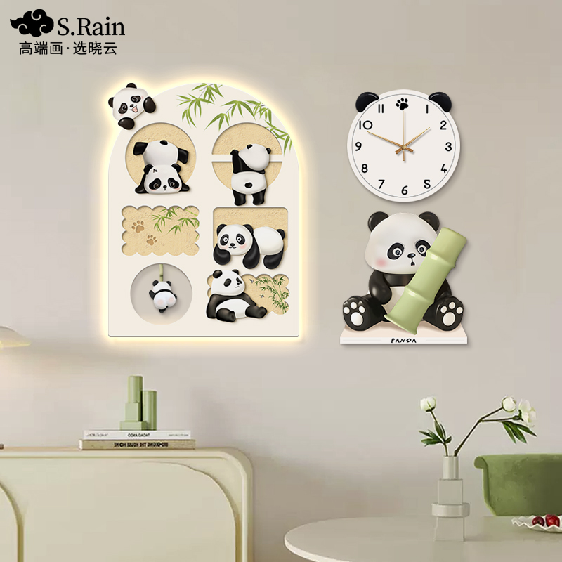 奶油风熊猫钟表挂墙创意餐厅组合装饰画饭厅背景墙时钟挂画高级感图片