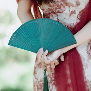 吉扇全竹折扇新中式 迷你折叠随身复古扇子原竹天青古典夏扇旗袍扇