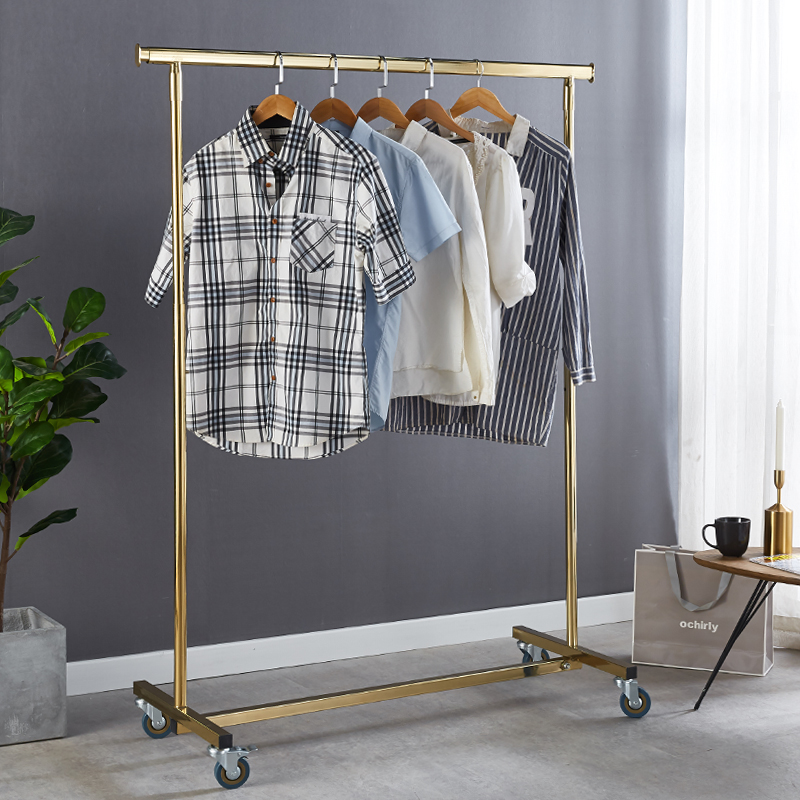 服装展示架折叠升降落地式单杠衣架创意不锈钢钛金带轮橱窗道具