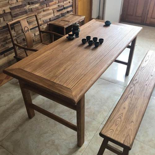 老榆树实木桌子覆古民宿餐厅装修中国餐桌和椅子风化的门板原木茶