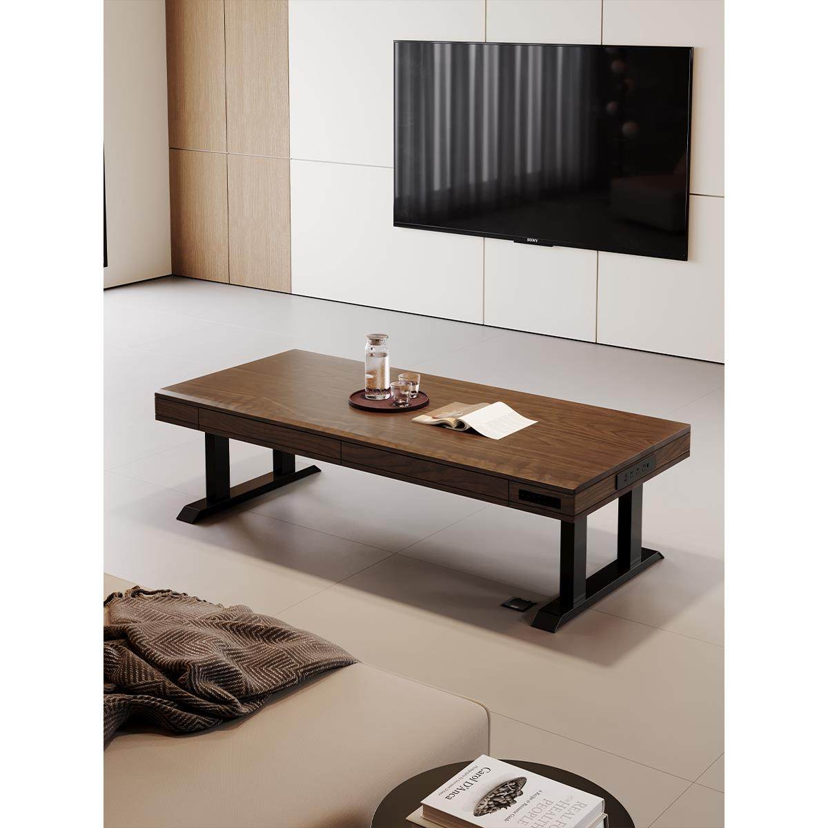 北美黑胡桃木实木电动可升降茶几客厅家用餐桌两用茶桌茶台大书桌