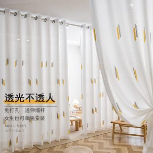 飘窗窗帘遮光一整套客厅阳台卧室透光不透人白纱帘 定制免打孔安装