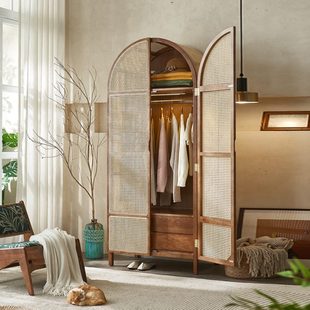 北欧实木藤编衣柜收纳柜小户型复古民宿拱形圆顶平开门储物衣橱柜