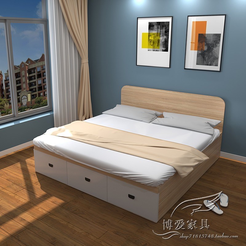 简约实木小户型高箱床尾带抽屉储物榻榻米床板式双人U床单人1.2米