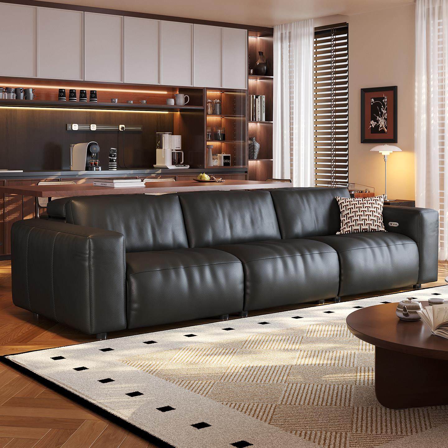 希曼妮大黑牛电动功能可伸缩懒人沙发床现代简约直排黑色真皮沙发,住宅家具,功能沙发,淘宝优惠券,粉丝福利购,淘宝优惠卷