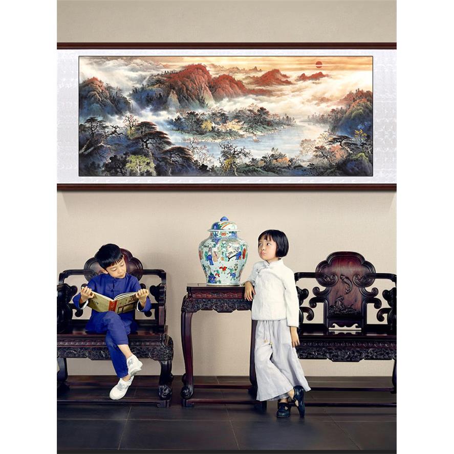 客厅沙发办公室背景墙聚宝盆旭日东升风水景靠山装饰挂画手绘国画