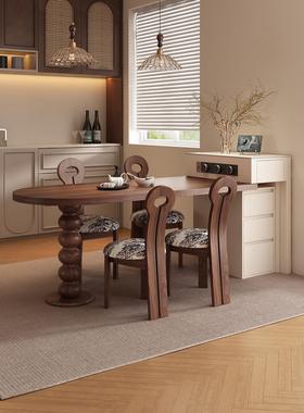 法式胡桃实木岛台可伸缩导台餐桌一体小户型家用靠墙弧形岛台吧台