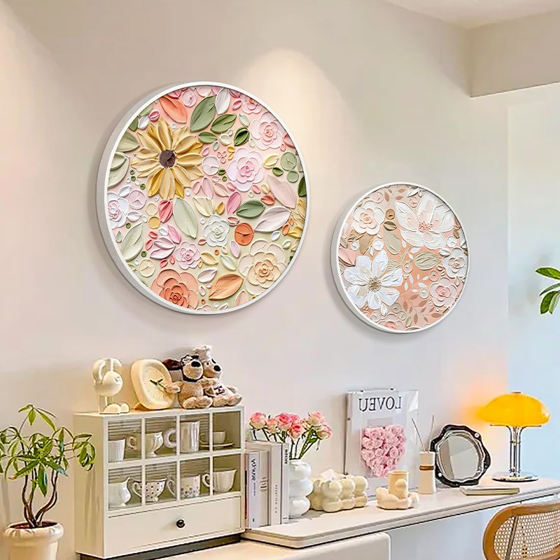 多巴胺餐厅奶油风装饰画卧室床头背景墙肌理高级感挂画圆形粉色壁图片