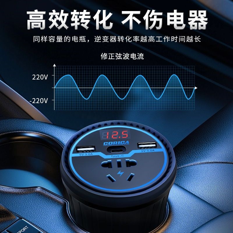 车载充电器杯型12V24qV转220通用逆变转换器大功率点烟器插头快充