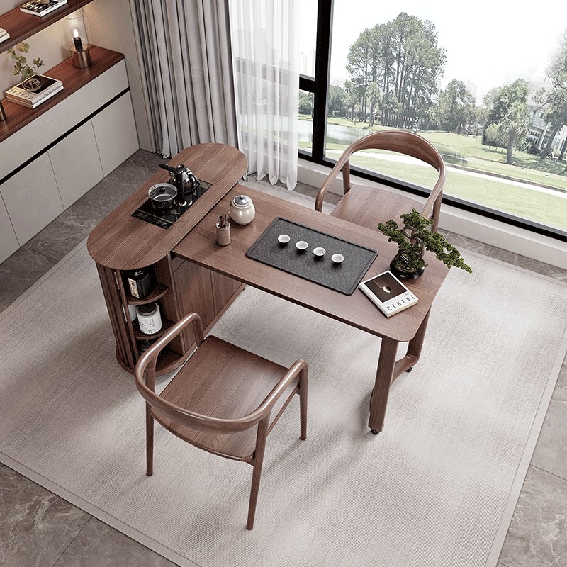 全实木移动茶台小户型泡茶桌家用现代简约可伸缩阳台烧水一体茶柜