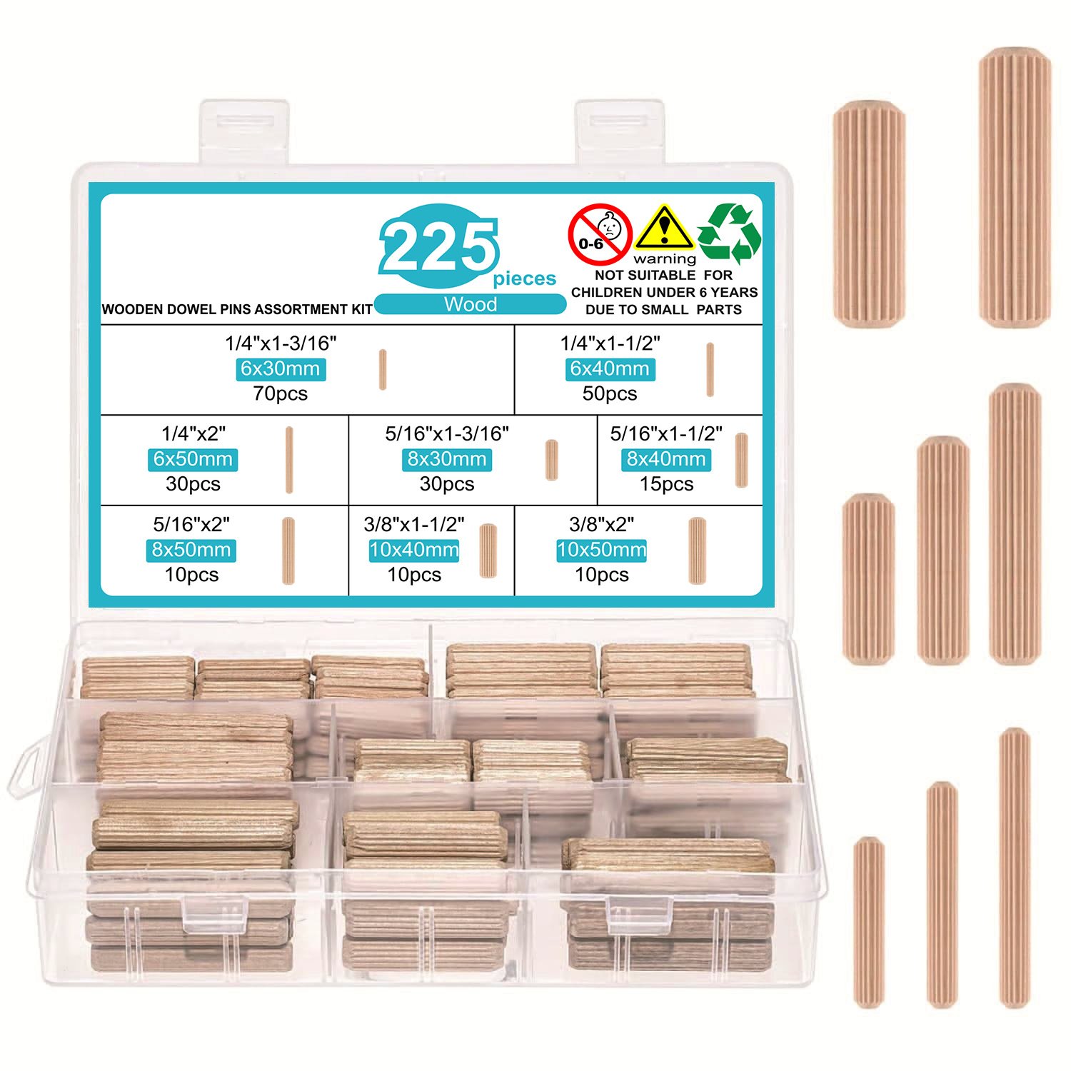 225pcs荷木直纹圆木销木榫销和木钉，适用于家具制作、木工工艺
