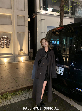 Fallinyue 高奢仙品 100羊毛宽松双面呢大衣女牛角扣长款毛呢外套