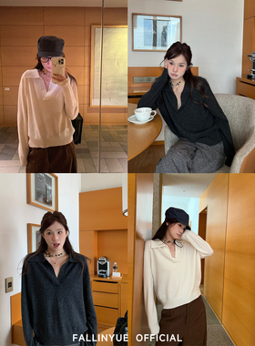 Fallinyue 秋日序章 100羊毛V领宽松百搭套头毛衣polo翻领打底衫