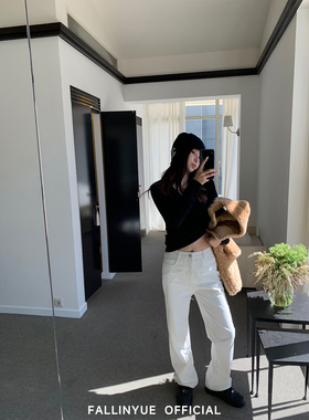 Fallinyue 挚爱白牛 松弛老钱感白色直筒牛仔裤修身拉腿休闲裤女