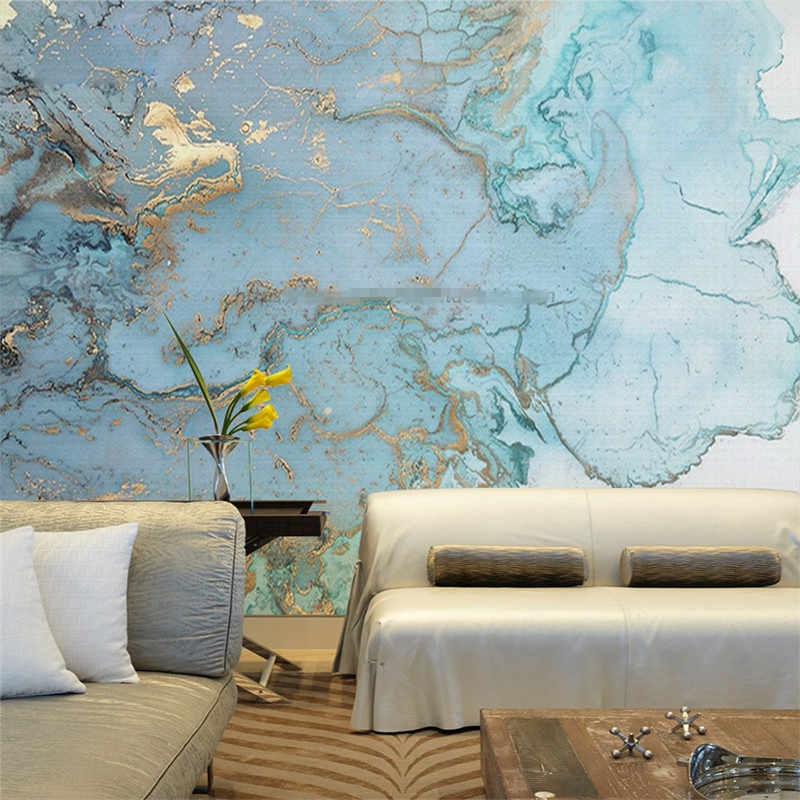 北欧风壁纸复古欧式优雅轻奢烫金蓝色大理石纹电视背W景墙无缝墙