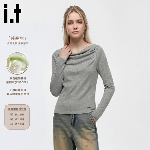 轻熟简约荡领褶皱长袖T恤女