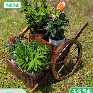 饰创意花架花车 户外阳台实木花箱碳化多层木质花盆架防腐木庭院装
