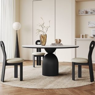 极简哑光白色岩板圆桌 复古实木圆形餐桌轻奢高端小户型家用意式