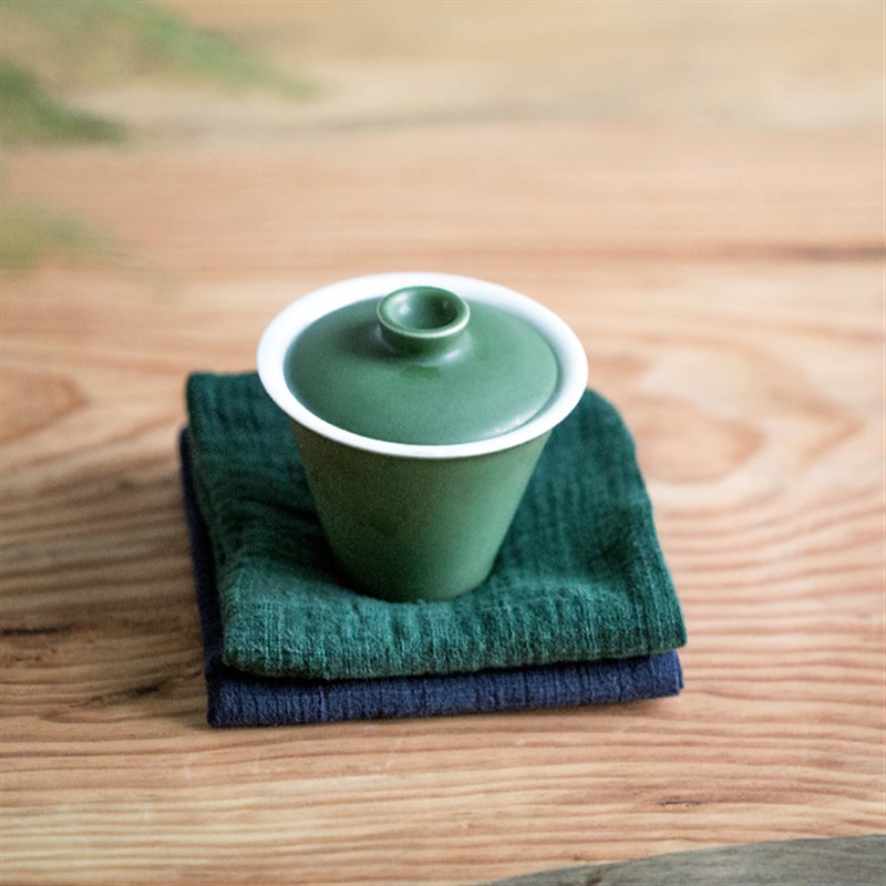 山水间 隐士茶巾 双层棉麻手y工缝制茶巾方巾 蓝绿素色 优质吸水