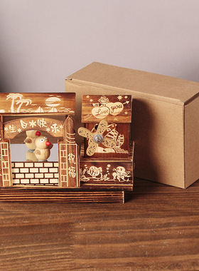 创意炭黑木质跳舞旋转风车音乐盒生日情人节木质工艺品节日礼物