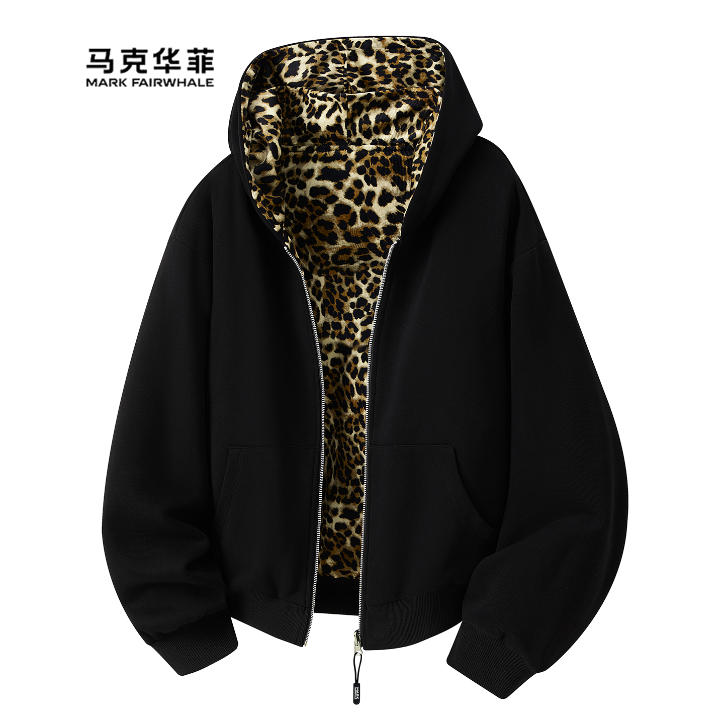 美式复古豹纹双面穿连帽卫衣男款