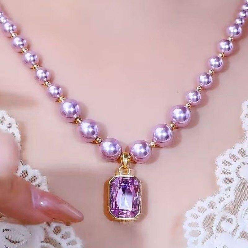 元饰菡优选紫色水晶锆石方糖珍珠项链高级感26新款饰品女法式吊坠