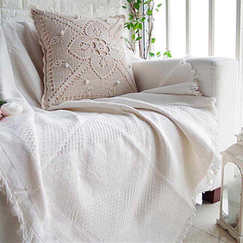 包邮沙发毯子沙发巾纯棉纯色素雅欧式沙发套防尘罩两人三人盖线毯