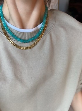 天然冰种莫桑比克蓝色水晶天河石圆珠项链幸运转运锁骨链毛衣链女