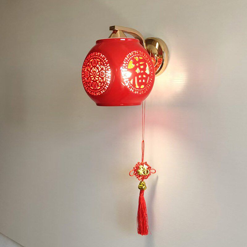 金色中式壁灯婚庆乔迁红色陶瓷壁灯卧室走廊过道门厅阳台灯中国风