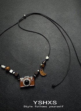 棕色相机吊坠项炼美拉德覆古简约百搭毛衣炼小众设计感卫衣炼