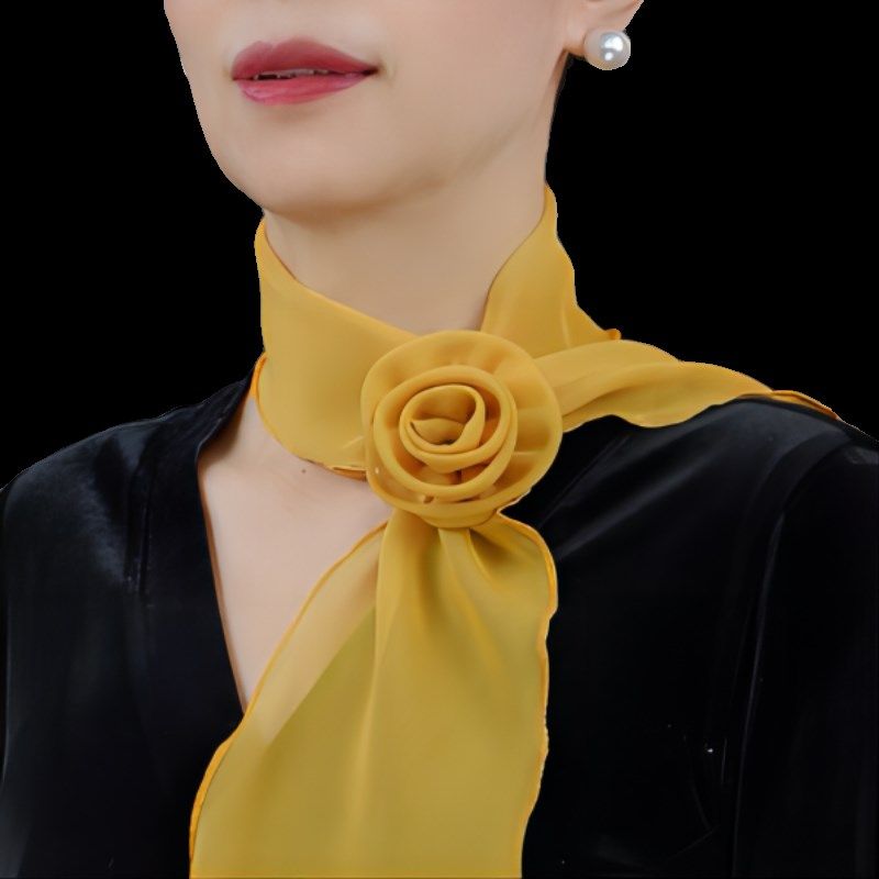 春夏新款装饰纯色玫瑰领花丝巾雪纺纱舒适多功能护颈优雅气质围巾