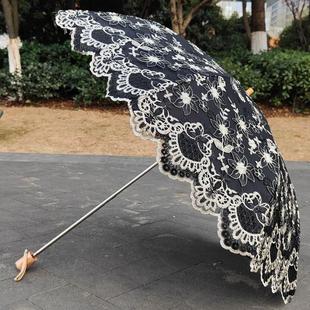 高档重工刺绣花太阳伞黑胶双层防紫外线防晒遮阳晴雨两用黑色洋伞