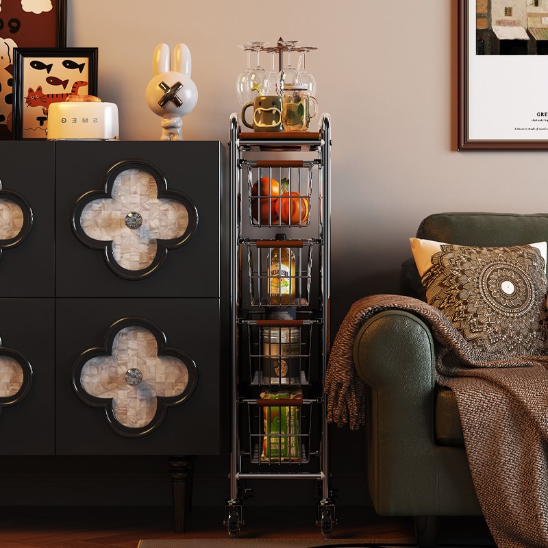 中古风夹缝小推车落地置物架客厅零食收纳架极窄缝隙可移动储物柜