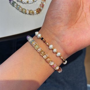 天然多宝彩虹白水晶手串女款草莓晶紫水晶彩色海蓝宝石头串珠手链