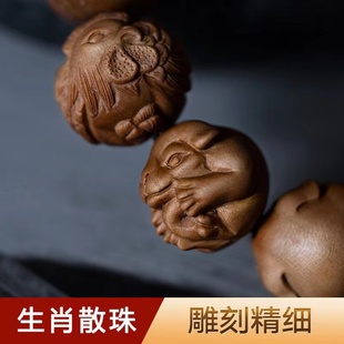 正宗老山檀香手串十二生肖雕刻珠子配饰小叶紫檀木佛珠文玩手链子