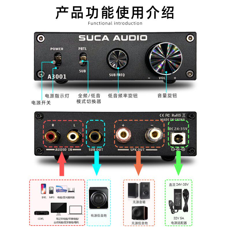 声优创单声道AV家庭影院2.1/5.1/7.1低音炮SUB中置300W数字功放