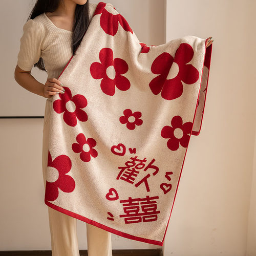 复古欢喜花朵浴巾新款全棉家用情侣结婚不易掉毛化妆室吸水柔软