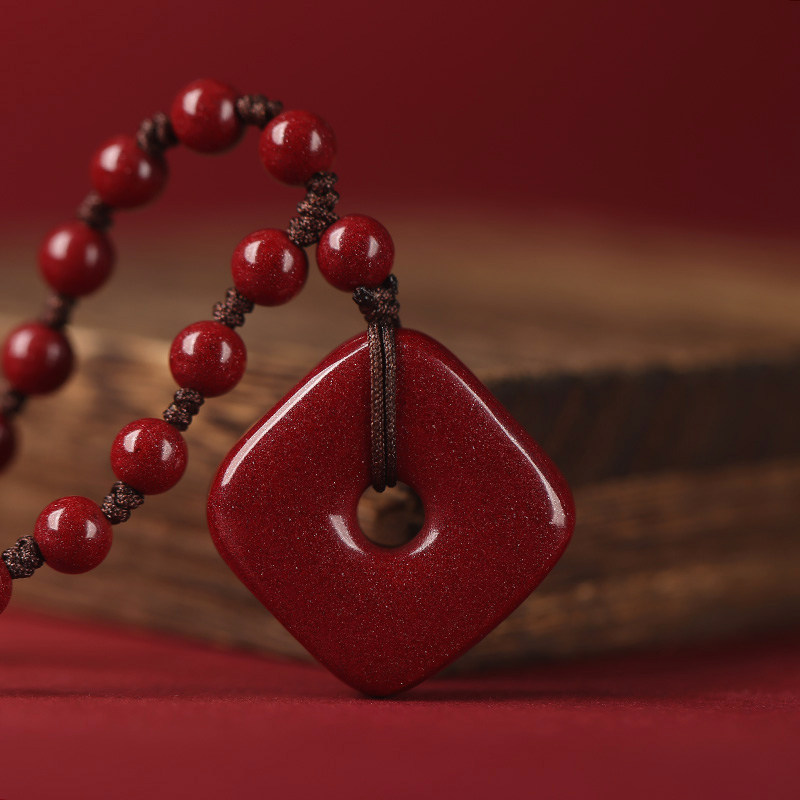 天然原矿朱砂吊坠男款平安扣钥匙扣挂件护身符四方扣女项链本命年