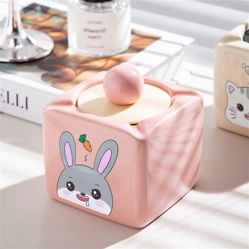 可爱陶瓷烟灰缸家用高颜值收纳盒个性客厅摆件带盖防飞灰