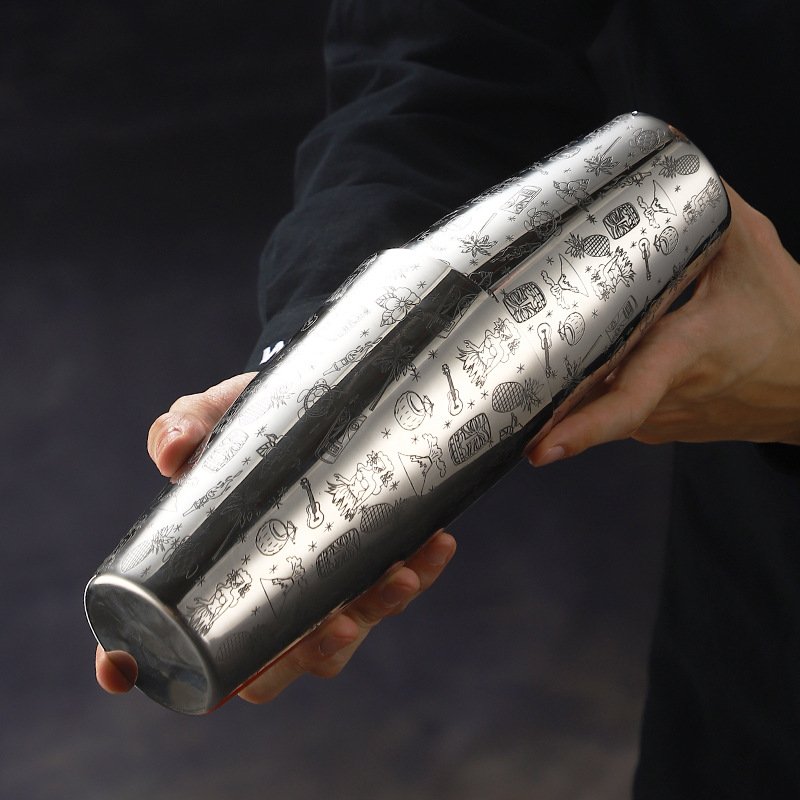 蚀刻波士顿调酒器不锈钢304调酒壶酒吧调酒用具刻花摇酒壶雪克杯