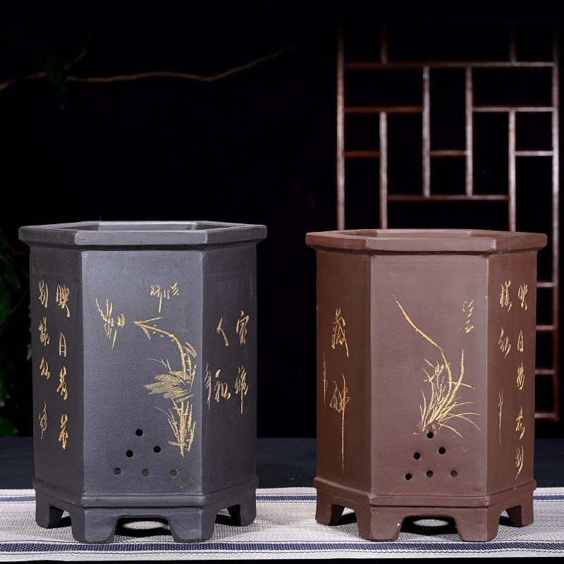 宜兴紫砂盆六方兰花君子盆花卉绿植物盆栽大号六角透气手工花盆