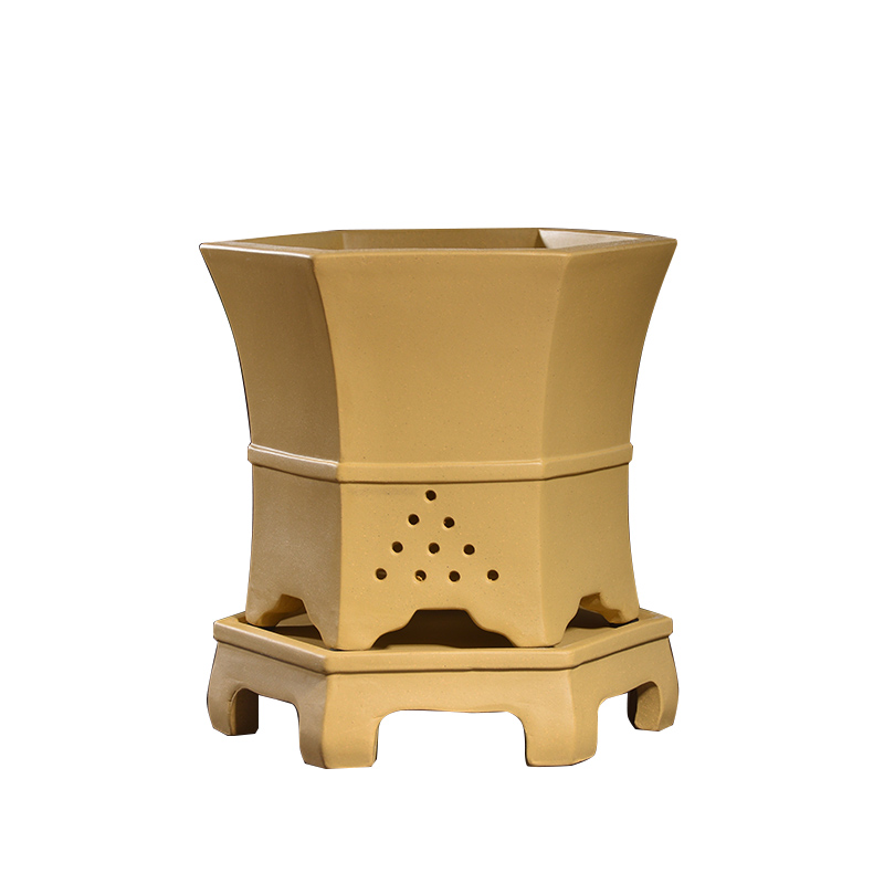 紫砂花盆六方形兰花盆带托盘多肉植物绿植盆景文竹吊篮兰草专用盆