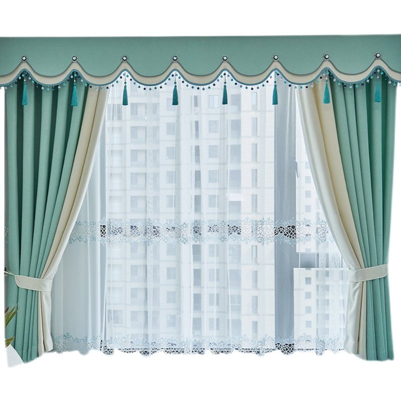 飘窗窗帘卧室新欧式绿色米色拼接纯色落地遮光窗幔帘头定制