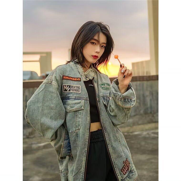 美式复古牛仔外套男女2023水洗做旧工装夹克vintage立 领机车服潮