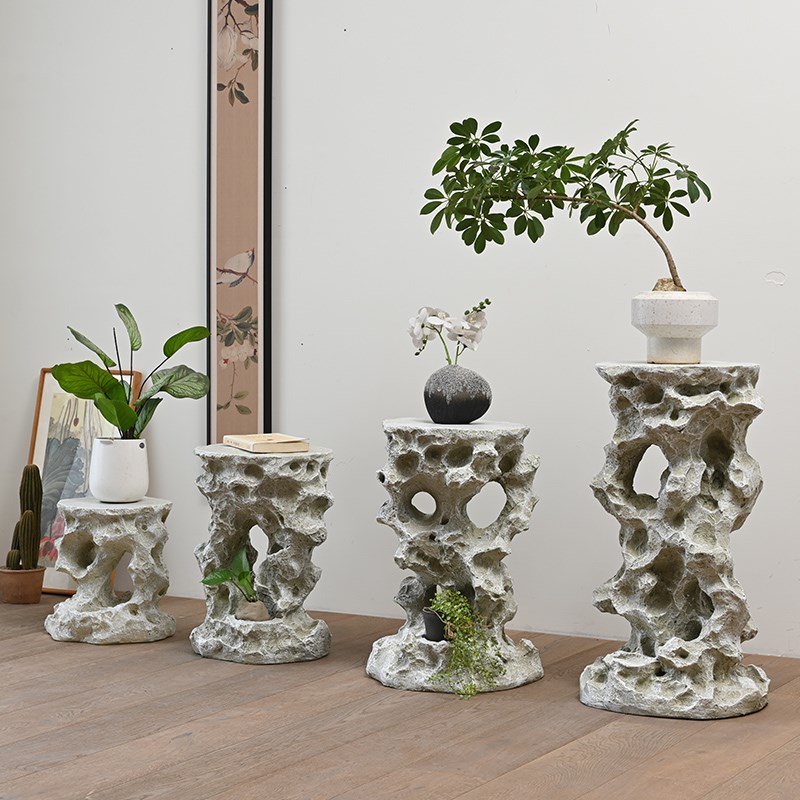 新中式太湖石彷石台花盆托 托架盆景花架工艺品O摆饰茶几假山底座