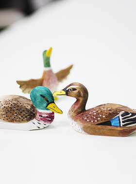 包邮 鹿妖商店 绿头鸭木雕 木鸭子 实木摆件 手工 桃花 礼品