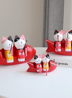 北欧乡村木质彩绘钓鱼情侣小猫客厅店铺橱窗柜隔板装饰摆饰礼物