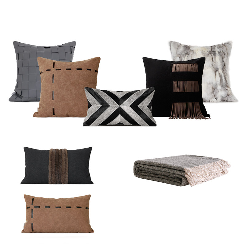 澜品轻奢黑咖棕样板房抱枕组合别墅客厅沙发样板间卧室靠枕腰枕