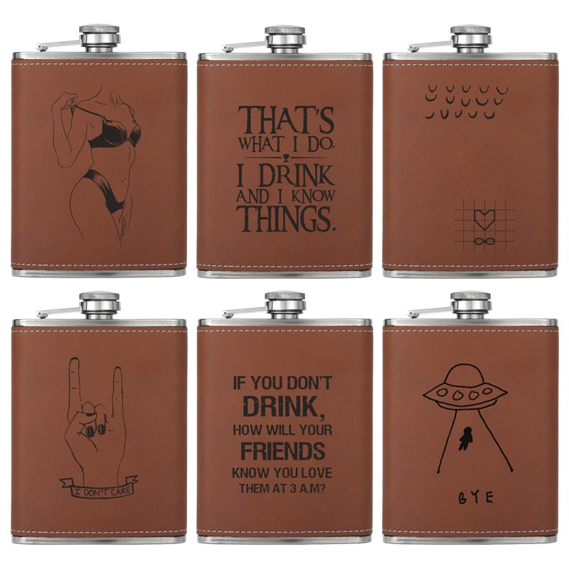 送漏斗食品级304不锈钢酒壶定制DIY刻字男士礼物便携户外棕色皮革